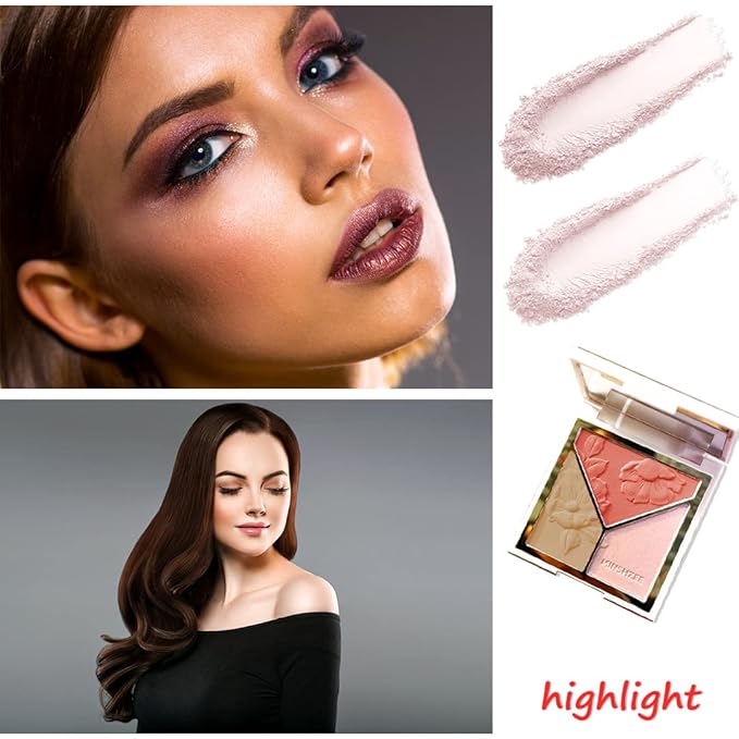 3-in-1 Highlighter Makeup Palette – Contour, Blush & Glow Kit with Matte & Shimmer Finish – Silky Pressed Powder for Face, Cheekbones, Eyes – Long-Lasting, Waterproof, Cool Toned, Travel-Friendly