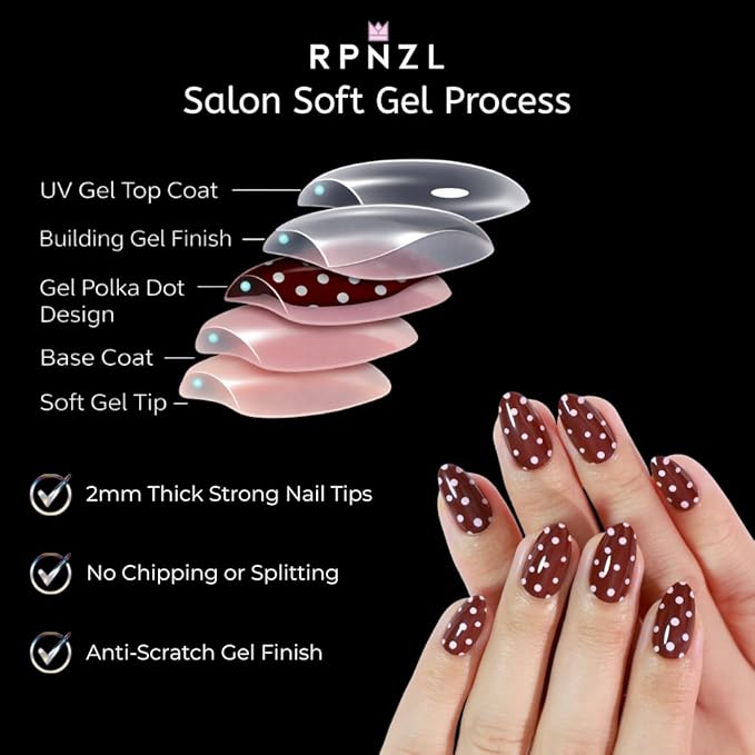 RPNZL Press On Nails - Berry | Red Polka Dot UV Finish Almond Nails, Salon Quality | 32 Nails, 16 Sizes Kit with Glue and Adhesive Tabs I Female Founded