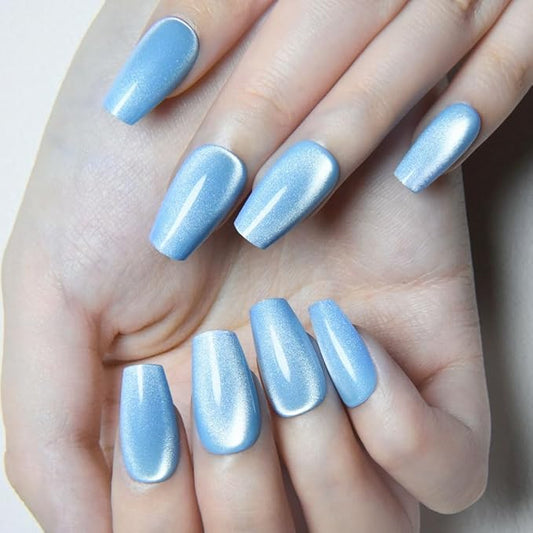 evpct Sky Blue Cat Eye Coffin Press on Nails Square Medium, Medium Square Stick on Nail for Women Gift, Sky Blue Metallic Glitter Glossy Reusable Summer Soft Gel Press on Acrylic Fake Nail with Design