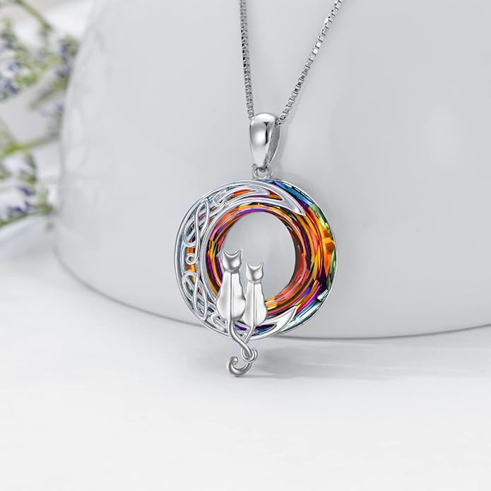 TOUPOP Cat Gifts for Cat Lovers One Two Three Four Cats Necklace Sterling Silver Cats on the Moon Pendant Necklace with Blue Circle Crystal Birthday Christmas Celtic Jewelry Gifts for Women