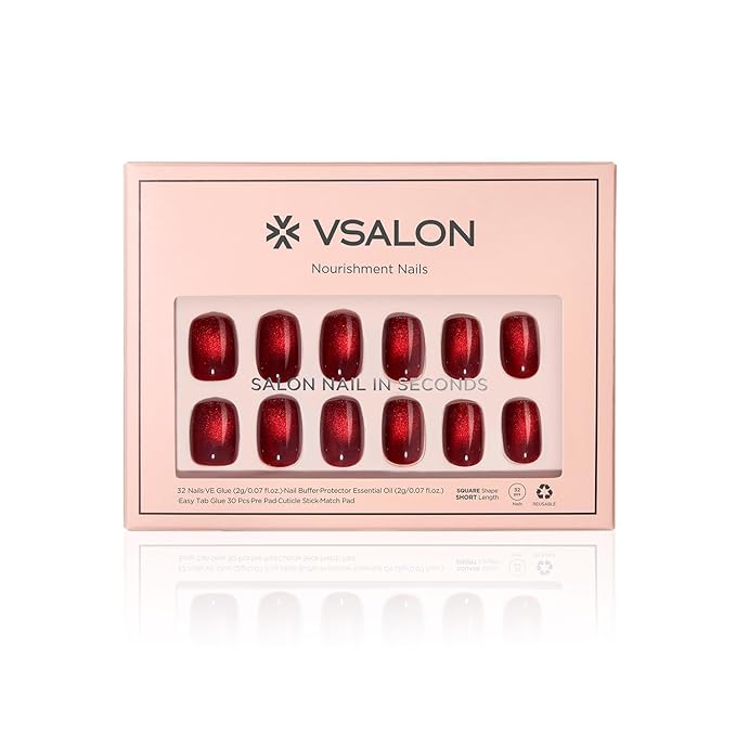 VSALON Press on Nails Short Square - Burgundy Red Cat Eye Glitter Fake Nails, Reusable Opaque Gel Magnetic Effect Fake Nails with Glue & Cuticle Oil - 32 PCS in 16 Sizes Valentines Gifts for Women