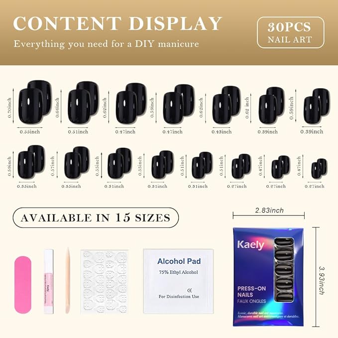 evpct Black Short Press on Nails Square, Glossy Soft Gel Acrylic Fake Press on Nails Manicure Kit, Reusable Artificial Stick on Nail for Women, Full Cover Easy Application Easy At-Home Salon