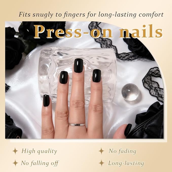 evpct Black Short Press on Nails Square, Glossy Soft Gel Acrylic Fake Press on Nails Manicure Kit, Reusable Artificial Stick on Nail for Women, Full Cover Easy Application Easy At-Home Salon
