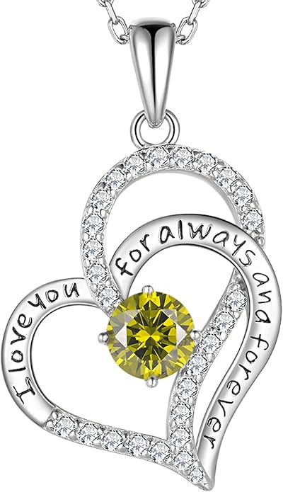 LynChoe Birthday Gifts Double Heart Birthstone Necklace for Women, S925 Sterling Silver Pendant Necklace Jewelry for Her Mother Mom Wife Girlfriend