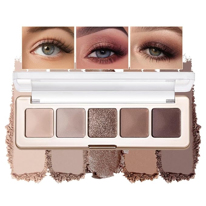 5 Color Eyeshadow Palette, Matte and Shimmer Powder Makeup, Highly Pigmented Blendable Shadows, Long-Lasting Waterproof, Natural Nude Brown Pink Shades C01