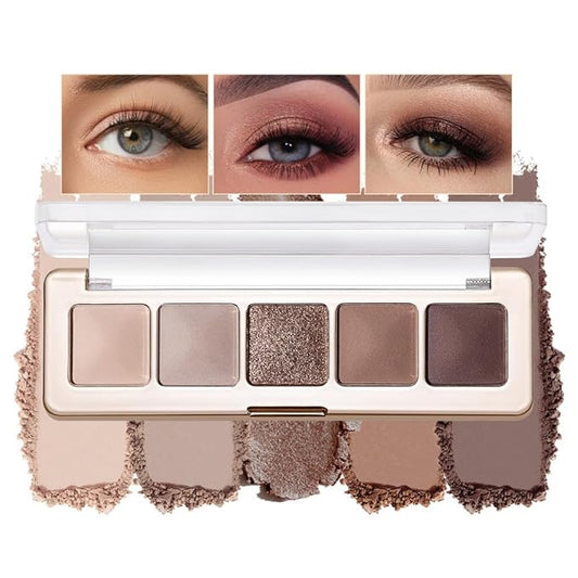 5 Color Eyeshadow Palette, Matte and Shimmer Powder Makeup, Highly Pigmented Blendable Shadows, Long-Lasting Waterproof, Natural Nude Brown Pink Shades C01