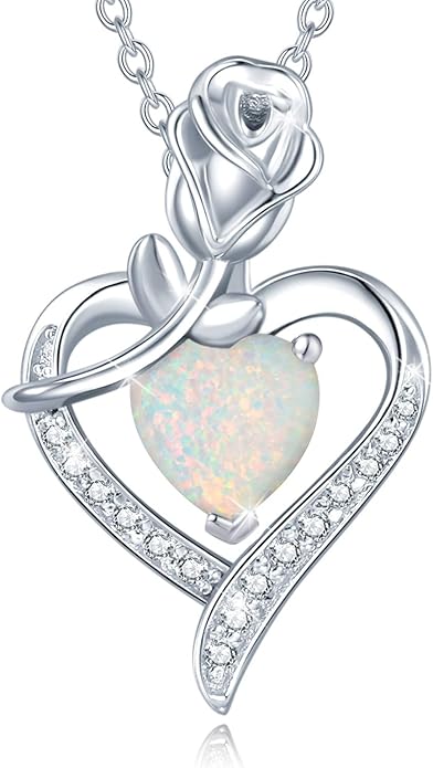 AGVANA Christmas Gifts Rosy Reverie Birthstone Necklace for Women Sterling Silver Genuine or Created Gemstone Rose Flower Heart Pendant Necklace Anniversary Birthday Gifts for Women Mom Wife Her