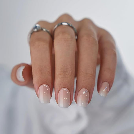 BTArtbox Square Ombre Press On Nails -Soft Gel Press On Nails Short with Nail Glue, 15 Sizes - 30 Reusable Fake Nails Kit, Vanilla Cream