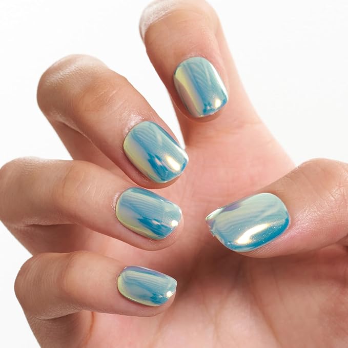 GLAMERMAID Light Blue Chrome Extra Short Press on Nails, Glazed Handmade Pure Blue Fake Nails Short Squoval, Mirror Powder Square Glue on Nails, Acrylic False Nails, Glossy Round Fake Nails for Women