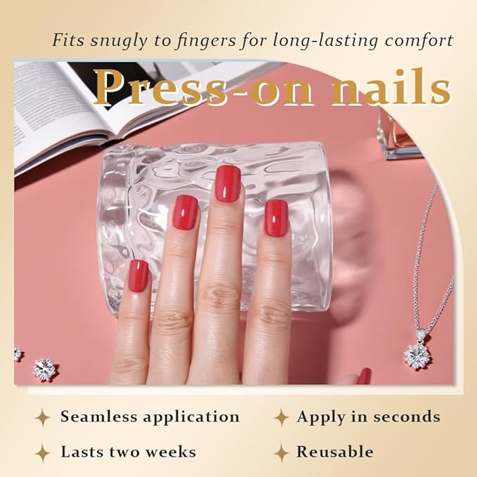 evpct Acrylic Red Glossy Press on Nails Short Square, Glossy Red Fake Nails Summer Reusable False Nail Stick on Press ons for Women Gifts, Perfectly Fit Durable False Nail Kit with Gel Gel 30Pcs