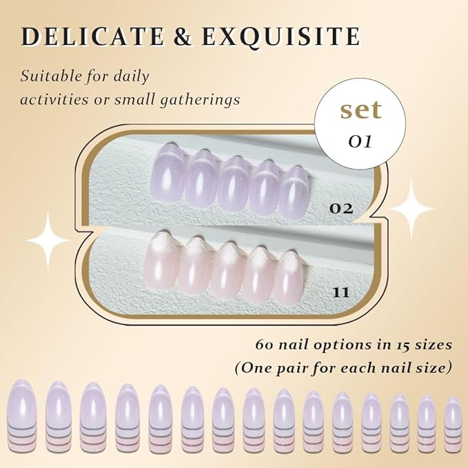 Cat Eye Press on Nails Short Almond - Light Purple & Nude Pink Shimmer Glossy French Tip Press on Nails for Gift, Soft Gel Press Stick on Nail with Nail Kit, Full Cover Reusable Acrylic Fake Nails Kit