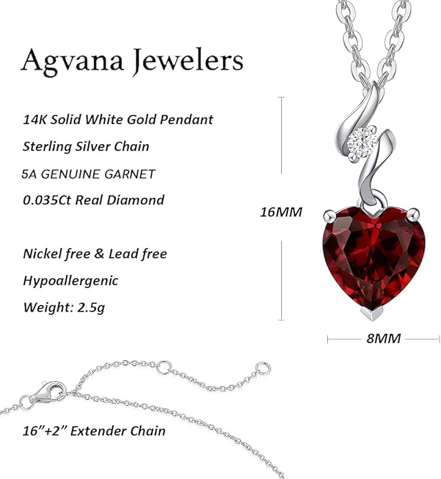AGVANA Christmas Gifts 14K Solid White Gold Diamond Gemstone Pendant with Sterling Silver Chain 8mm Heart Birthstone Necklace Fine Jewelry Anniversary Birthday Gifts for Women Mom Wife