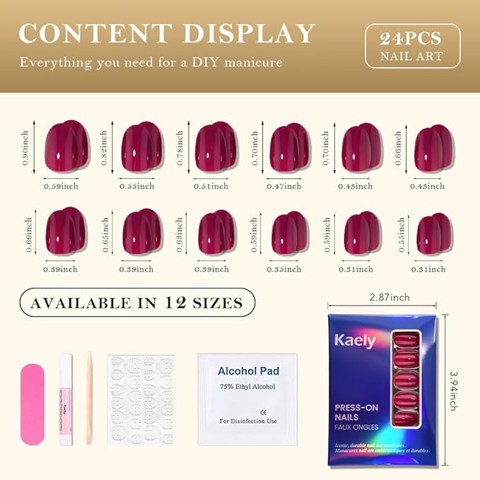 evpct Burgundy Red Medium Oval Glossy Press on Nails for Women Gift, Glossy Burgundy Red Fake Nail with Kits Manicure Kit, Soft Gel Full Cover Reusable Stick on Acrylic False Nails Perfectly Fit