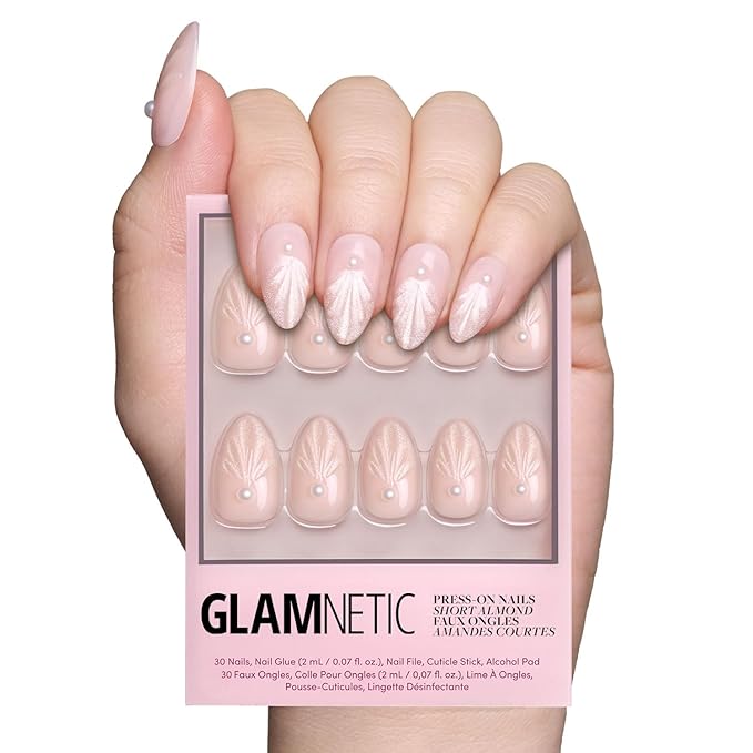 Glamnetic Press On Nails - Honeymoon | Short Almond Nude Fake Nails with 3D Nail Art and Glossy Velvet Finish, Salon Quality | 15 Sizes - 30 Nail Kit with Glue