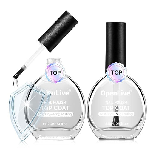 OpenLive 2Pcs Glossy Top Coat Clear Nail Polish, Quick Air Dry Regular Nail Polishes, High Shine Finish Long-Lasting Color Protection No Chip Vegan Non-gel Salon Nail Art Gift for Women