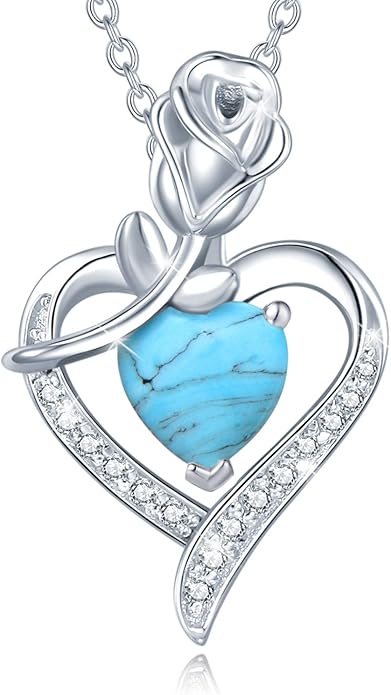 AGVANA Christmas Gifts Rosy Reverie Birthstone Necklace for Women Sterling Silver Genuine or Created Gemstone Rose Flower Heart Pendant Necklace Anniversary Birthday Gifts for Women Mom Wife Her