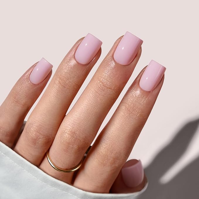 BTArtbox Press On Nails Square - Solid Pink Short Press On Nails with Glue for Women, Opaque Soft Gel Glue On Nails in 16 Sizes - 32 Stick On Nails Kit, Yoga