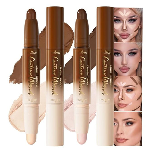 2Pcs Cream Foundation Stick Face Body Makeup Dual Ended, Nuetral Nude Beige & Darker Nude Pink no Transfer Waterproof 2in1 Cream Concealer Stick Contouring Makeup Set, Face Nose Contour Bronzer Sticks