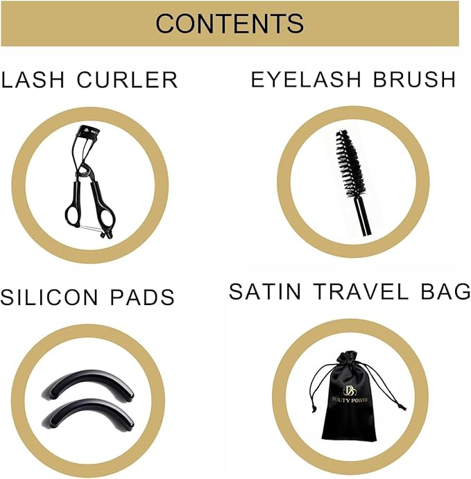 Beauty Power Eyelash Curler - Precision Lash Lift in Seconds with 5 Replacement Pads, Eyebrow Brush & Satin Travel Bag - Gentle & Safe, German Stainless Steel for Perfect Extra Curls - Gift (Black)