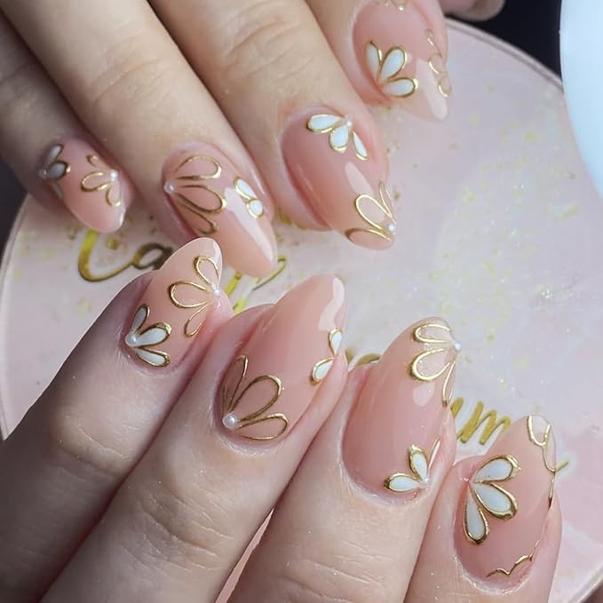 Almond Press on Nails Medium Fake Nails Press ons with Designs Flower Petals False Nails Full Cover Acrylic Nail Tips Press on Nail Reusable French Nails Stick on Nails for Women Manicure Decor 24Pcs