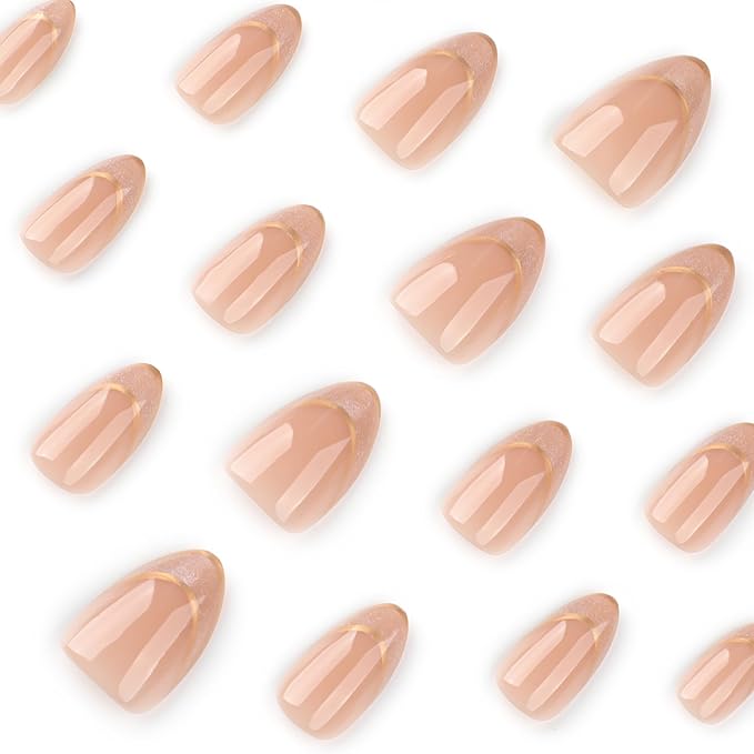 XZMeiLun Double Gold French Tip Press On Nails Almond Squoval, French Tips Designer Reusable Acrylic Nails Press Ons, Fake Nails With Glue On, Daily Wear Floral False Nails For Women