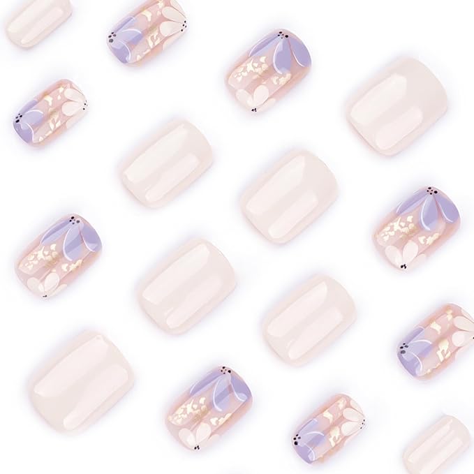 XZMeiLun Press On Nails Spring Summer Acrylic Nails for Women - Blue Gold Designer Fake Nails Short Square 24PCS, Glossy Soft Gel with Glue, Outdoor Picnic/Wedding/Party Reusable Stick On Nails Gift