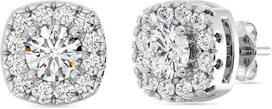 Gilded Lab-Grown Diamond Sterling Silver and 14KT Yellow Gold Plated Silver Stud Earrings for Women | Cushion Halo Shaped Studs | Hypoallergenic Fine Jewelry | Prong Setting, Push Back Nut | SI1 Clarity, F Color 1/4, 1/2, ,1 Carat Total Weight