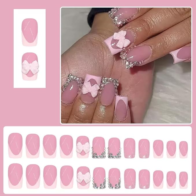 CTTHNBD Press on Nails Square - Medium Fake Nails with Bow Deisgn - Rhinestone, Pink French Tip False Nails - for Women 24 Pcs