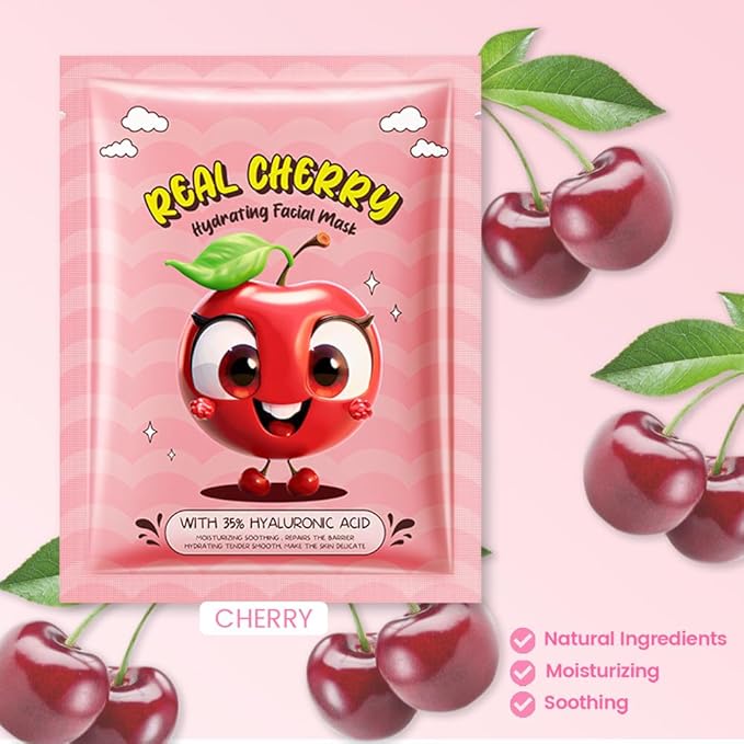 CAKAILA 8 Pack Cherry Face Mask,Pink Face Masks Skincare Spa Day Kit Supplies,Spa Party Favors for Women,Sheet Facial Mask Skincare Gifts Set,Moisturize Soothe for All Skin Types