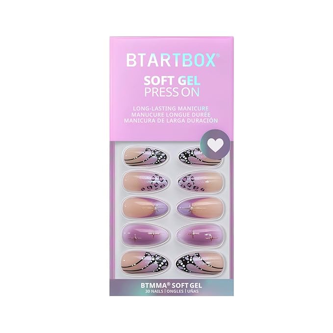 BTArtbox Press On Nails Medium - 3D Purple Butterfly French Tip Almond Press On Nails with Glue for Women, Opaque Soft Gel Glue On Nails in 15 Sizes - 30 Stick On Nails Kit, Flutter Besties