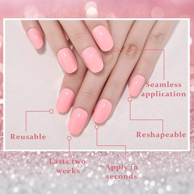 evpct Peach Pink Medium Oval Glossy Press on Nails for Women Gift, Glossy Peach Pink Fake Nail with Kits Manicure Kit, Soft Gel Full Cover Reusable Stick on Soft Acrylic False Nails Perfectly Fit