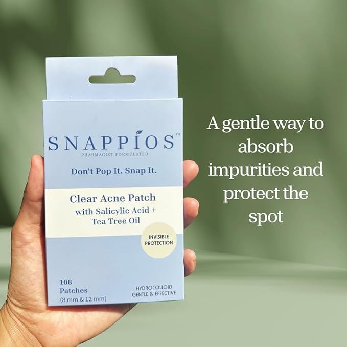 Snappios Clear Acne Patches – Pharmacist‑Formulated Hydrocolloid Pimple Stickers with Salicylic Acid & Tea Tree Oil (108 Count, 8 mm & 12 mm) – Invisible, Gentle & Fast‑Acting