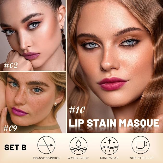 evpct 3Pcs Peel Off Lip Stain Tints with Tweezer, Liquid Lipstick Lip Stain Gloss Long Lasting Waterproof for Women, Non-stick Cup Lipstick Peel Off Highly Pigmented 24 Hrs Original Lips Stains, Set02