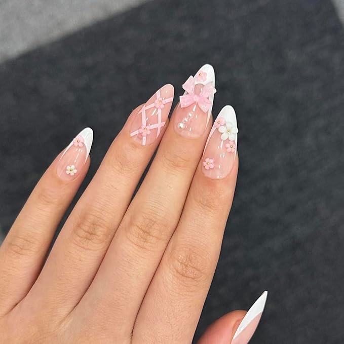 XZMeiLun Pink White French Bow Press on Nails, White Pearl Fake Nails, Almond Short Acrylic Press-Ons with Charming 3D Plaid Floral Design, Reusable Glue-On Stickers for Fall Flower Nails for Women