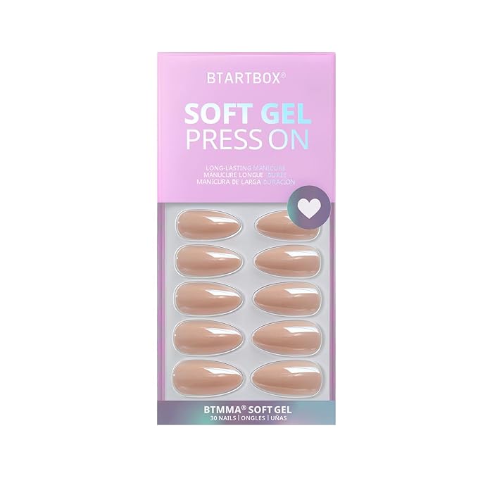 BTArtbox Press on Nails Almond Medium Soft Gel Chrome Nails, Light Weight & Fit Perfectly, Natural Fake Nail with Nail Glue, Nude Glue On Nails in 15 Sizes - 30 Nail Kit, Champagne Glazed