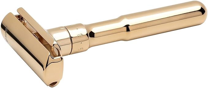 MERKUR FUTUR 702 Adjustable Double Edge Safety Razor - Bright Gold, Adjustable Razor With Dial, Made in Germany, Plastic-Free, Snap-On Cap Design, Straight Bar
