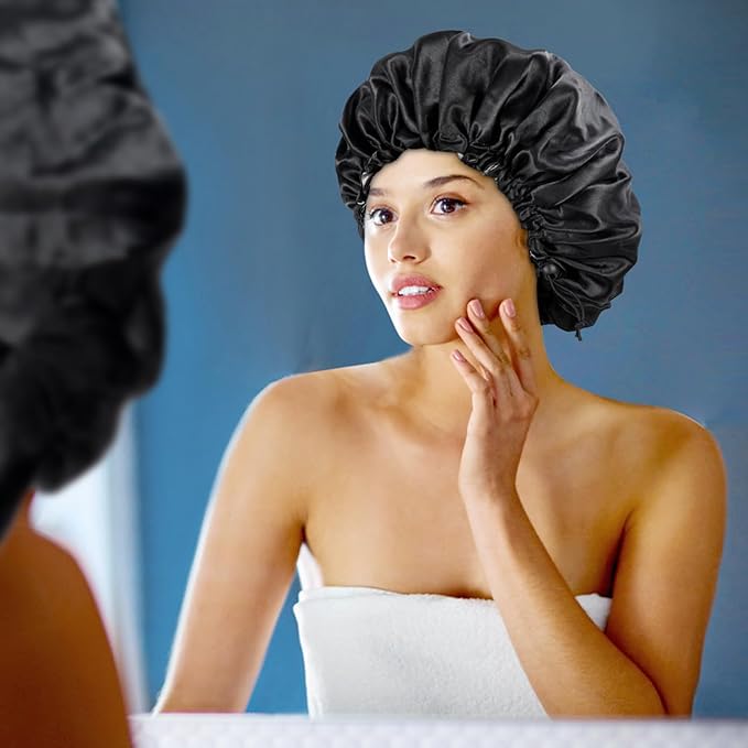 Satin Silk Bonnet for Curly Hair Bonnet Braid Bonnet for Sleeping Bonnets for Women Large Double-Layer Adjustable(2Pcs Black)