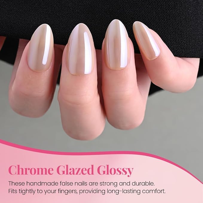 Press on Nails Short Almond - Nude Beige Chrome Glazed Glossy Press on Nail Tips Stick on Nails with Nail Kit for Gift, Reusable Stick On Nails in 15 Sizes 30 Full Cover Acrylic Soft Gel Fake Nail Kit