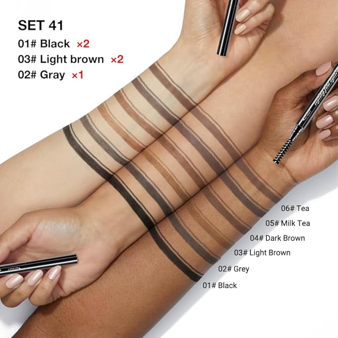 5 Pcs Dual-Sided Auto-rotate Ultra-Fine Tip Eye Brow Pencils Pack,Draws Tiny Brow Hairs, Defines, Fills Brows, Shapes, Contours, Combs, ‌1mm Pen Point (2*Black+2*Light brown+Gray)