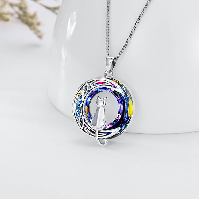 TOUPOP Cat Gifts for Cat Lovers One Two Three Four Cats Necklace Sterling Silver Cats on the Moon Pendant Necklace with Blue Circle Crystal Birthday Christmas Celtic Jewelry Gifts for Women