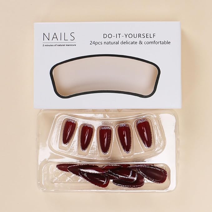 SHELWIN French Press On Nails Ready-To-Wear DIY Manicure Stick On Nails kit for Women 24 Pcs Short Medium Coffin Almond Shaped False Nails Gifts（Cherries）