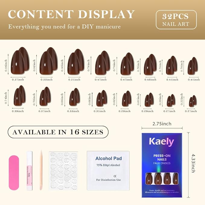evpct Dark Brown Glossy Press on Nails Short Almond, Glossy Fake Nail Stick on Nail for Women Gift with Kit, Salon Quality Soft Gel Stick on Acrylic False Nails Reusable Full Cover for Women Manicure
