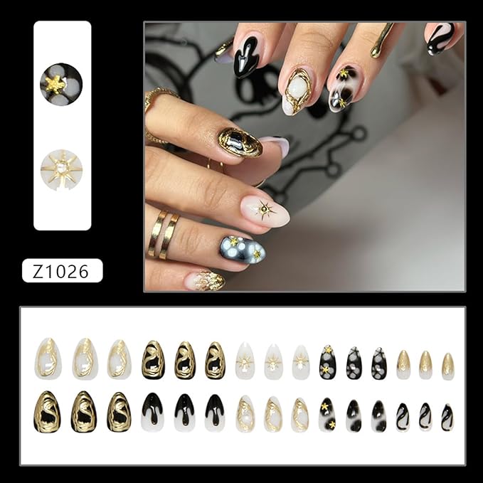 Chrome Gold Press on Nails Almond Fake Nails 3D Gold Star Totem False Nails with Glitter Rhinestones Nail Designs Charms Press on Artificial Nails Glossy Full Over Stick on Nails for Women DIY Decor
