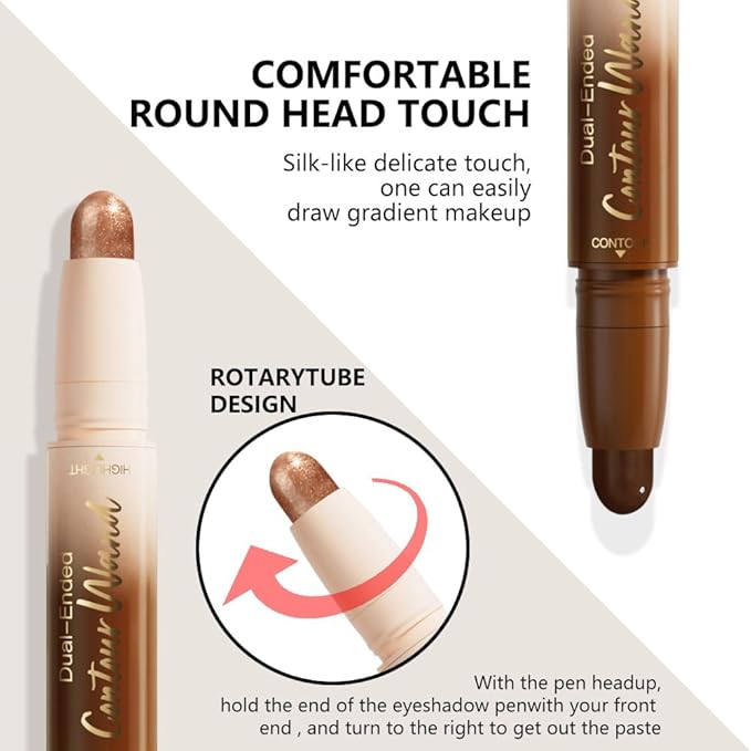 evpct Black Cocoa &Bronzer Shimmer Cream Foundation Stick Face Body Makeup Dual Ended, no Transfer Waterproof 2in1 Cream Concealer Stick Contouring Makeup, Nose Contour Bronzer Sticks Face Highlighter