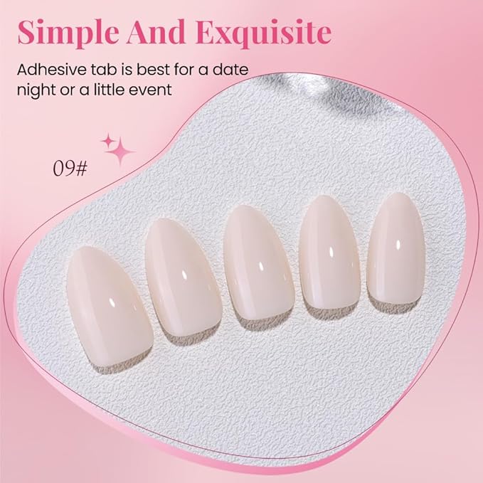 evpct Glossy Press on Nails Short Almond Short for Women, Nude White Fake Nail with Kits Salon Quality Reusable Stick on Nails In 15 Sizes 30Pcs Full Cover False Nail Soft Gel Set Kit for Gift, 09