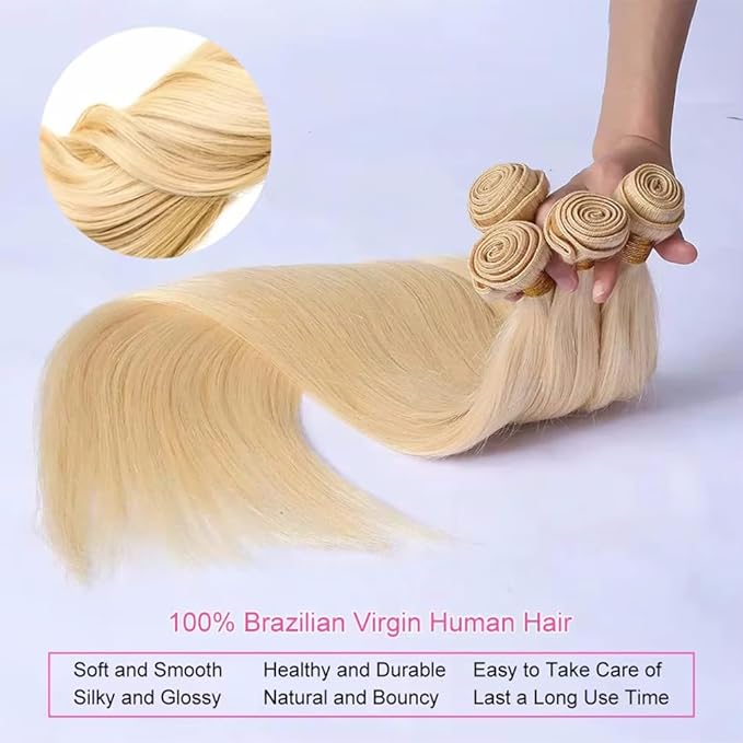 613 Bundles Human Hair Straight Blonde Human Hair Bundles 100% Unprocessed 12A Brazilian Straight Bundles Hair Weave 613 Bundles 26 Inch Hair Extensions