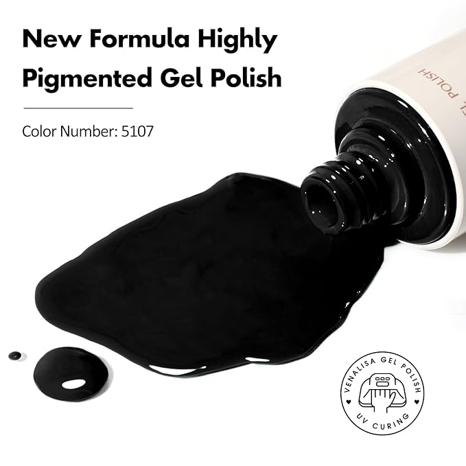 VENALISA Black Gel Nail Polish, 1 Pcs Pure Black Gel Polish Color High Gloss Soak Off U V Nail Manicure Salon and DIY at Home Gifts for Women