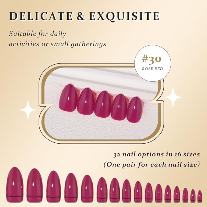 evpct Rose Red Glossy Press on Nails Short Almond, Glossy Fake Nail Stick on Nail for Women Gift with Kit, Salon Quality Soft Gel Stick on Acrylic False Nails Reusable Full Cover for Women Manicure