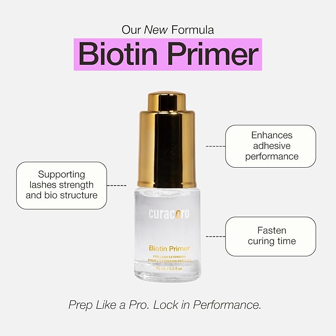 Curacoro Biotin Lash Primer for Lash Extensions, Removes Oils & Residue, Accelerates Glue Curing, Longer Retention (15ml)