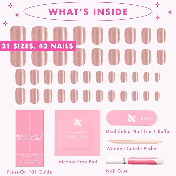Olive & June Instant Mani Press-On Nails | (Glue) Short, Round 42 Fake Nails, 21 Sizes | Non-Toxic, Long-Lasting Recycled Materials Realistic Look | Salon-Quality at Home | HZ Velvet